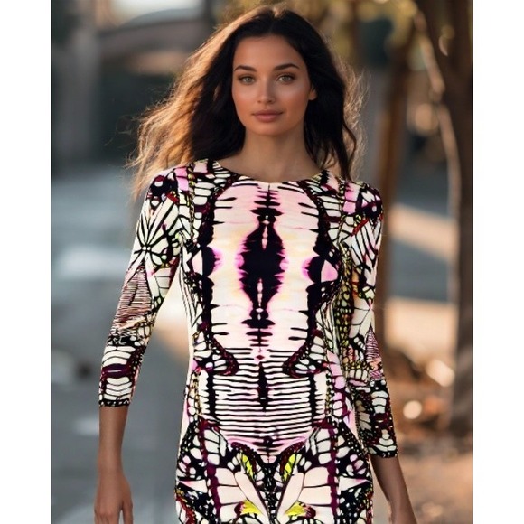 Just Cavalli Dress Graphic Butterfly Logo Print 3/4 Sleeve Italy Size Small 42